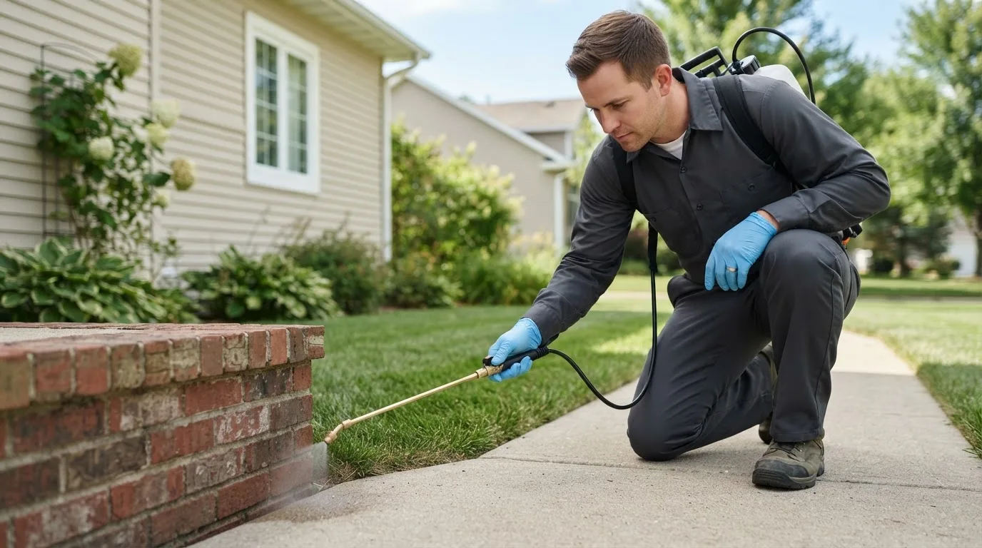 Pest control technician treating a home near Belvidere, IL